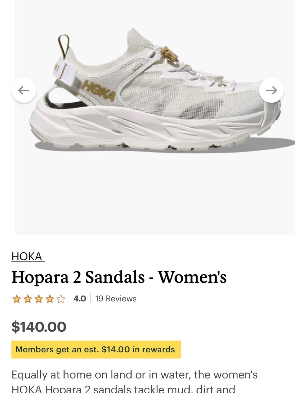 Hoka Hopara 2 Women's Sandals — White with Gold Logo
